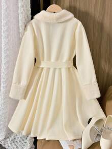 Vihyde 1 pezzo Cappotto elegante da ragazza in misto lana con colletto, polsini e cintura in pelliccia, monopetto, adatto per autunno/inverno