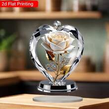 2 Decorazione da tavolo elegante a forma di rosa bianca a cuore, in stile minimalista moderno, base in acrilico trasparente, senza necessità di montaggio, leggera, adatta per soggiorno, ufficio, tavolo da pranzo, decorazione floreale per la casa a tema rosa, decorazione stagionale, stile bohémien, materiale durevole, ottimo regalo per compleanni, matrimoni, San Valentino