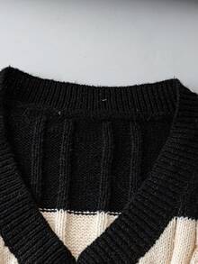 女士休闲条纹V领绞花针织套头毛衣，长袖宽松针织衫，适合日常穿着、返校季、街头风，Y2K秋冬黑色 - 黑色 - 查看 4