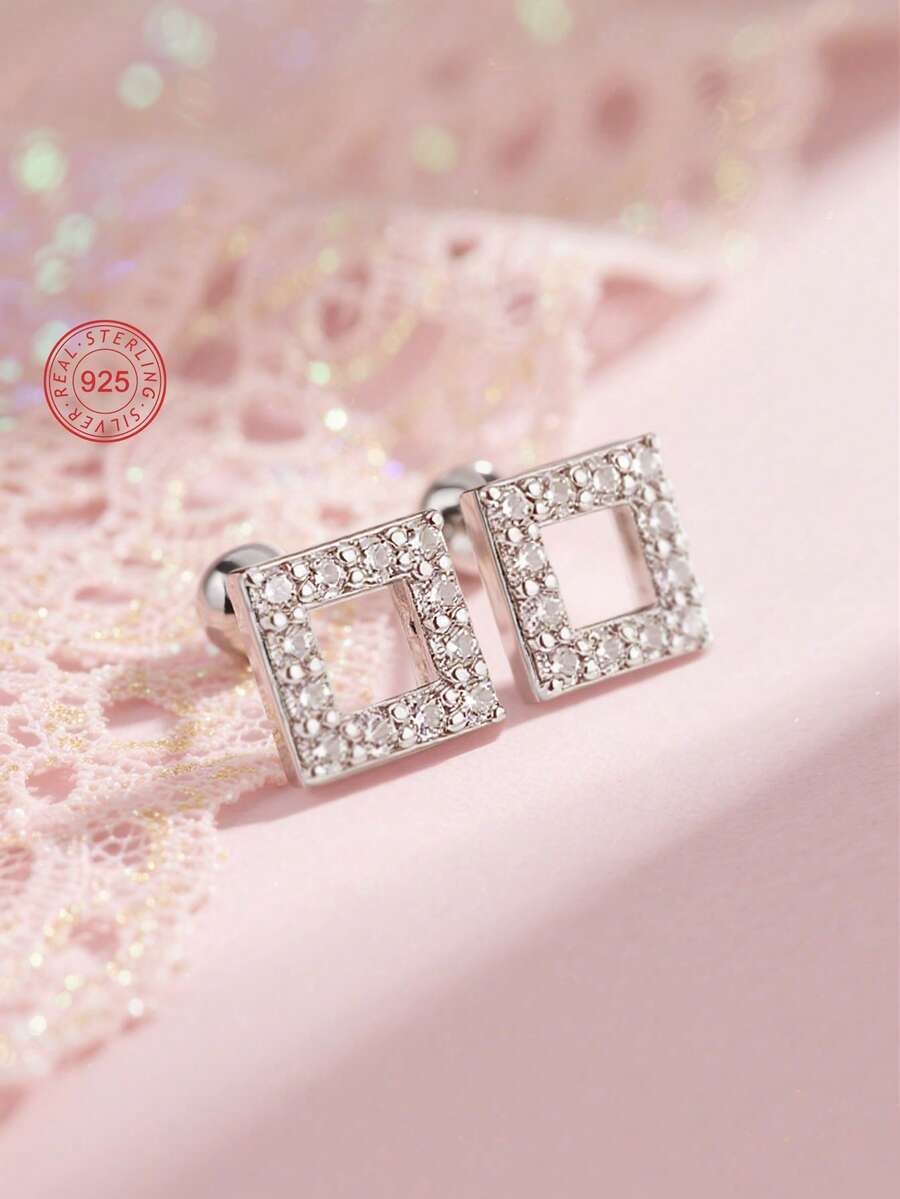 Artepollo 1 pieza Pendientes de botón cuadrados de plata de ley 925 con circonita, elegantes y sofisticados, diseño de cierre de rosca, caja de regalo, adecuados para uso diario o días festivos, regalo para niñas, amigas