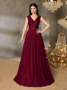 Alisa&Leo 少女闪亮 V 领亮片毕业礼服搭配薄纱裙 - 适合毕业舞会、学校活动和青少年联欢晚会的正式礼服 - 酒紅色 - 查看 1