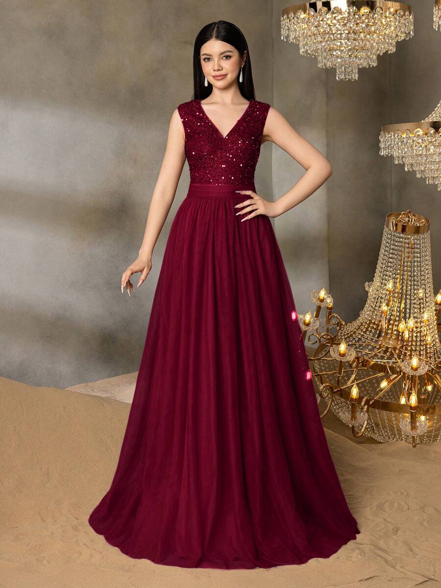 Alisa&Leo 少女闪亮 V 领亮片毕业礼服搭配薄纱裙 - 适合毕业舞会、学校活动和青少年联欢晚会的正式礼服 - 酒紅色 - 查看 1