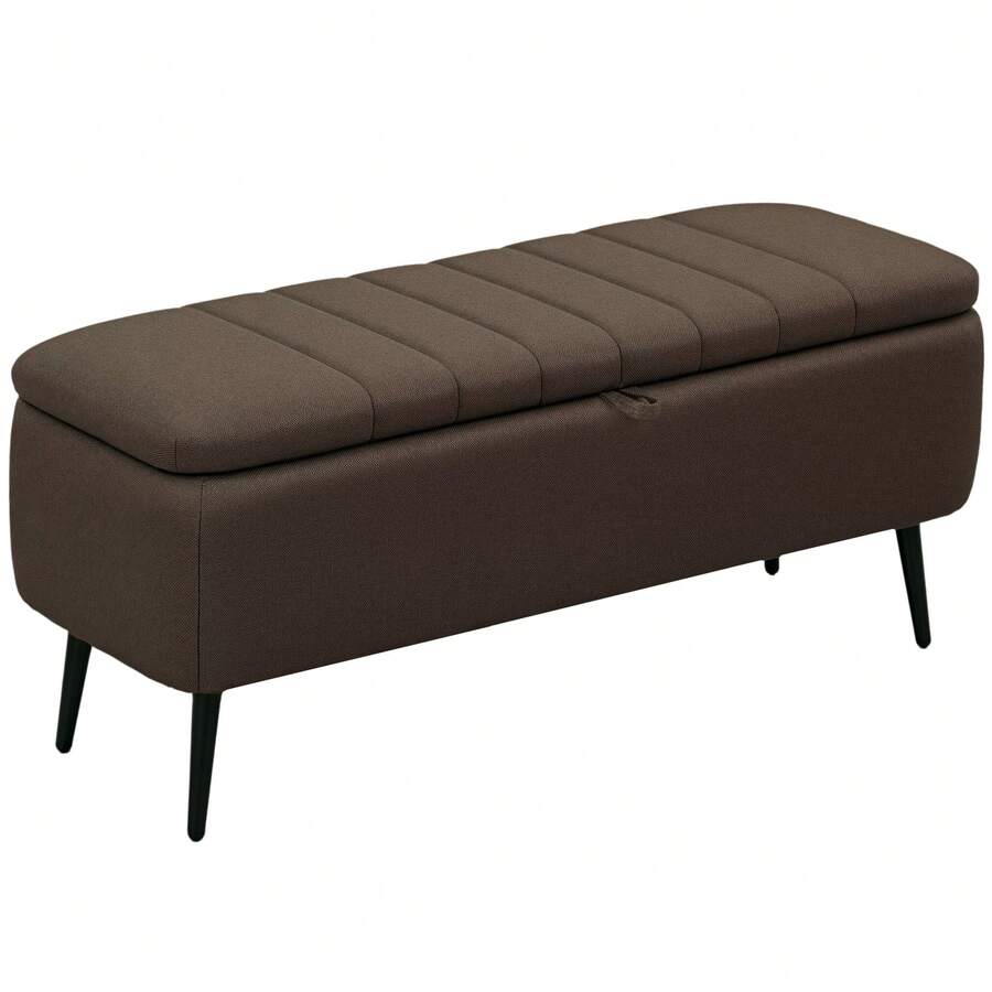 HOMCOM Storage Ottoman With Flip Top, Rectangular Upholstered Bench, Linen Look Fabric Footstool With Steel Legs For Living Room, Bedroom, Dark Brown - Brown - View 1