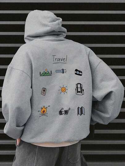 男士户外探险元素印花抽绳连帽卫衣，返校季，秋冬季，长袖上衣