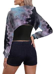 Women Crop Top Pullover Sweatshirt Long Sleeve Drawstring Hoodie - 黑色紫色 - 查看 5