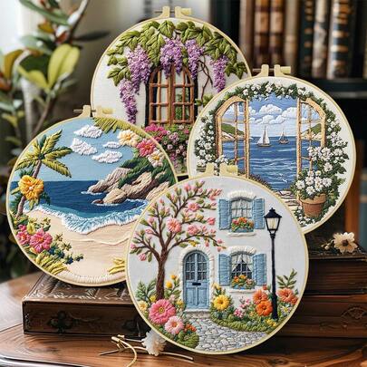 1 Piece Embroidery Set, 15x15cm/5.9x5.9 Inches, 20x20cm/7.9x7.9 Inches, Handmade DIY Embroidery Set, Landscape, Scenery Outside The Window, Natural Landscape Pattern, Suitable For Adult Beginners, Including Embroidery Cloth, Instruction Manual, Embroidery Frame And Needlework, Gifts From Friends And Family, Furniture, Office Handmade Artwork.