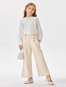 Girls Wide Leg Pants Kids Fashion Elastic Waist Front Button Trousers With Pockets 5-14 Years - Beige - View 5