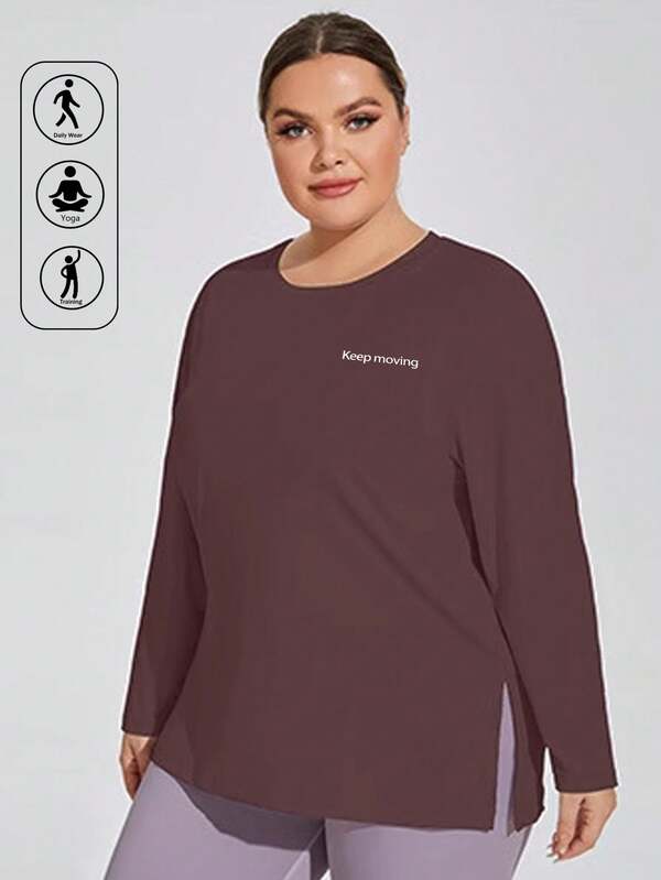 Plus Size Women Christmas Sports Wear, Long Sleeve Running Outdoor Letter Print T-Shirt, Side Slit Hem Flattering Women T-Shirt, Autumn/Winter New Arrival