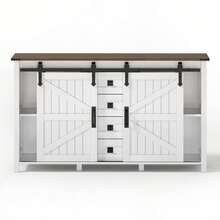 Vintage Sideboard Kücheninsel Beistellschrank mit Schiebetüren und 4 Schubladen,Kaffeebar mit Stauraum,für Küche, Esszimmer,weiß