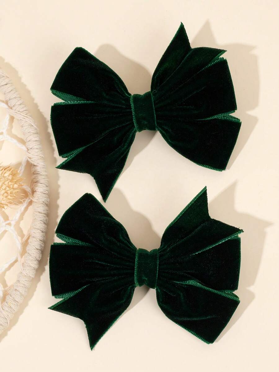 2pcs Dark Green Velvet Hair Bows For Girls Plain Bow Alligator Clips Solid Color Bow Hair Clips Fall Winter Barrettes New Year Gift For Kids Elegant Hairpins Holiday Party Headpiece Kids Baby Hair Accessories