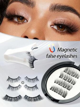 一对磁性假睫毛套装，配备专业睫毛夹，可重复使用，无需胶水，并配有透明睫毛带。这些3D自然磁性睫毛采用漫画风格，尖端纤细，末端逐渐变细，纯手工制作，蓬松丰盈，采用类似貂皮的毛皮制成，长度为6-14毫米。