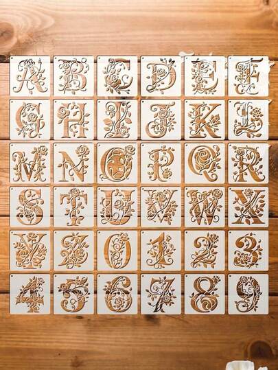 36pcs Floral Letter Stencils, 4.0in Reusable Rose Letter Painting Stencils For Wall Stickers, Decals, Pillows, T-Shirts, Engraving, Etching, Plates, Glasses, Napkins, Coasters, Wallets, Clothes, Cards, Scrapbooks, Fabric Transfers, Tote Bags, Notebooks