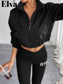 ELVA Black Zipper Pocket Coat, Sports Event Going Out, Women's School Back To School Clothes, Office Commuting, Daily Indoor And Outdoor Sports, Daily Dating, Casual Women's Outerwear