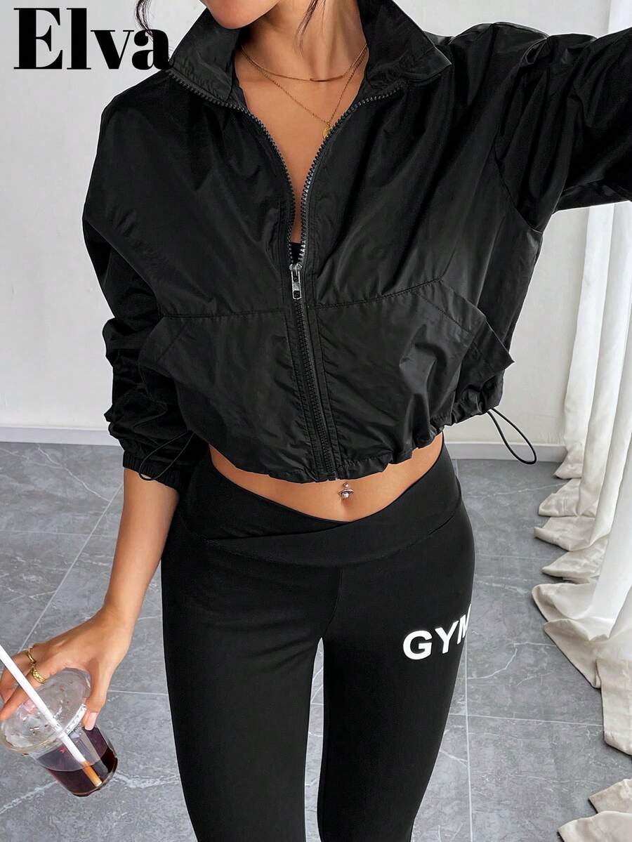 ELVA Black Zipper Pocket Coat, Sports Event Going Out, Women's School Back To School Clothes, Office Commuting, Daily Indoor And Outdoor Sports, Daily Dating, Casual Women's Outerwear
