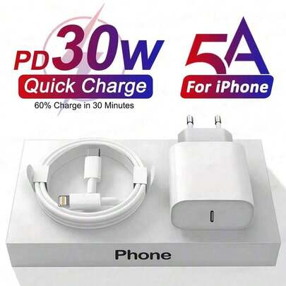 30W Fast Charger EU Plug + 3.3ft/100cm High-Efficiency Data Sync Fast Charging Cable Adapter Compatible With IPhone 14 Pro Max/14 Pro/14 Plus/14/13/12/11/XS/XR/8/7/6/IPad Series, EU High-Efficiency Charging Adapter Set Phone Charger