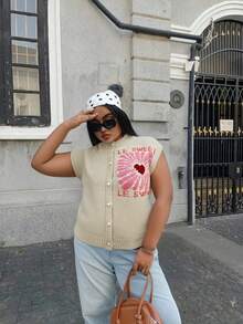 Plus Size Women's Fall And Winter Fashion Casual Bohemian Vacation Simple Commuter Contrasting Colors English Letters Love Printed Round Neck Pearl Buttons Sleeveless Cardigan Brunch Outfits For Women