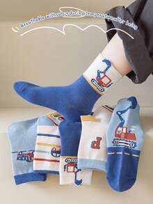 5 Pairs Kids Boys' Cartoon Car Print Crew Socks (1-12 Years Old) - Soft And Simple Mid-Calf Socks Suitable For Boys, Versatile For Student, Casual Street Style, Suitable For All Seasons Outdoor And Daily Wear