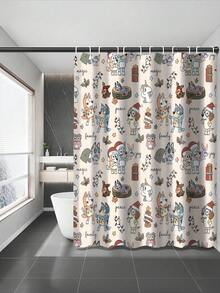 [Holiday Edition] 1/3/4pcs Bluey Family Cosplay Shower Curtain Set, Featuring Christmas Tree, Halloween Turkey Plaid Witch Hat, Bat Prints