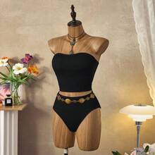 Bellisia Conjunto de biquíni feminino de verão, cor sólida, com faixa e parte de baixo franzidas, moda praia minimalista