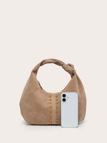 Women's Crescent-Shaped Solid Color Handbag, Versatile And Fashionable, With Knotted Single Handle, Suitable For Underarm Carry And Travel - Khaki - View 3