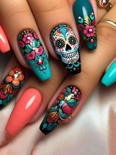 24Pcs Medium-Long Ballet Style Nail Art Stickers - Skull & Floral Designs, Reusable Fake Nails Suitable For Women & Girls, Holiday Gifts, Parties & Celebrations, Includes 1 Nail File & 1 Nail Glue Press On Nails Nail Supplies Nails