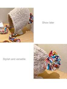 1 件女士冬季羊毛帽手工流苏针织帽适合秋冬秋季，温暖护耳，百搭时尚套头帽适合日常旅行、购物、滑雪和使用 - 彩色 - 查看 10