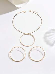 2pcs/Set Fashionable Geometric Circle Exaggerated European And American Creative Minimalist Hoop Earrings And Necklace Set - Golden - View 3