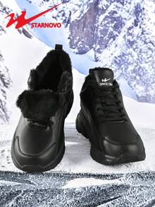 STARNOVO Plus Size Black Fleece Casual Sports Shoes, Warm Leather Upper Men's Shoes, Lightweight, Fashionable, Comfortable Breathable Soft Sole, Suitable For Casual And Running