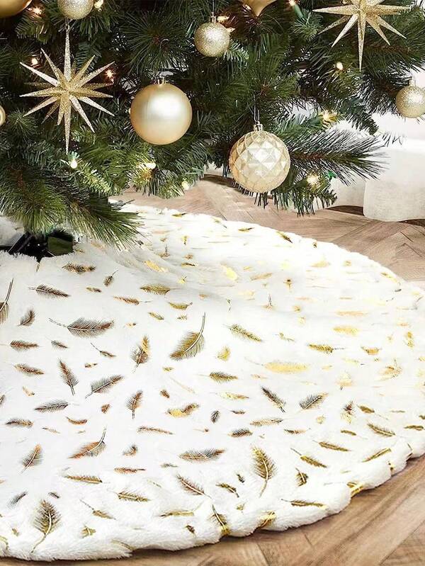 1 Stück weißer Weihnachtsbaum Rock, weißer Kunstfell Baumrock, drei Pailletten-Federn in Gold, Silber und Farbe, Winter Weihnachts Plüsch Weihnachtsbaum Teppich, Weihnachtsbaum Bodenabdeckung, Weihnachtsbaum Decke Dekoration Heim Dekor Weihnachtsdekorationen Raumdekoration