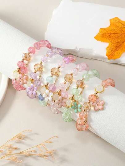 6 Stücke modische bohemische Glasperlen Armband, Kirschblüten Muster, Geschenk für Frauen (handgemacht mit Perlen, verschiedene Farben)