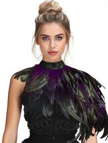 Feather Cape Shawl Costume Black Witch Wings Collar Adult Crow Neck, Halloween - Multicolor - View 3