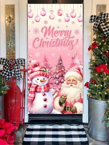 78*156cm 2D Pink Christmas Tree, Star, Snowman Decoration Christmas Polyester Door Flag Banner, Christmas Doorway Decor Fabric, Christmas Celebration, No Electricity Needed, Winter Decoration Fabric - Multicolor - View 3