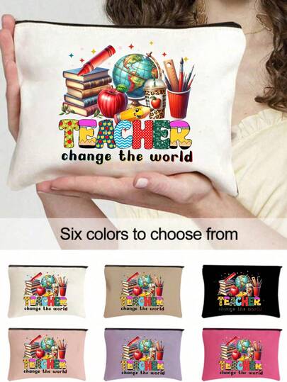 1 pieza Bolsa de maquillaje con cremallera de poliéster con estampado de manzana, globo, lápiz y otros elementos, regalo para niñas, bolsa de almacenamiento con estampado de letras bonito y de moda, bolsa de maquillaje para almacenamiento de artículos pequeños, bolsa de almacenamiento, bolsa de almacenamiento de maquillaje, bolsa de tocador, bolsa de mano, bolsa de almacenamiento plegable ligera, bolsa de compras simple, bolsa de mano para regalo de maestro, bolsa de almacenamiento para maestro, adecuada para el almacenamiento de cosméticos de viaje personal