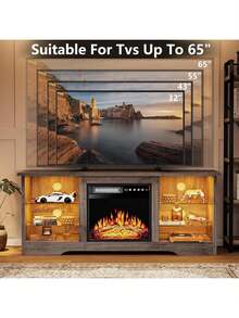 58" Modern Fireplace TV Stand With 18" Fireplace For Living Room, Entertainment Center For TVs Up To 65" With Leg Lights And Adjustable Glass Shelves - Grey - View 6