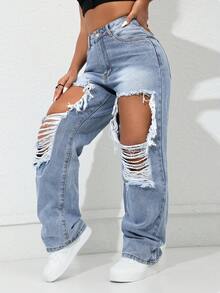 高腰破洞口袋直筒牛仔裤，街头休闲春季风 - 淺藍色 - 查看 5