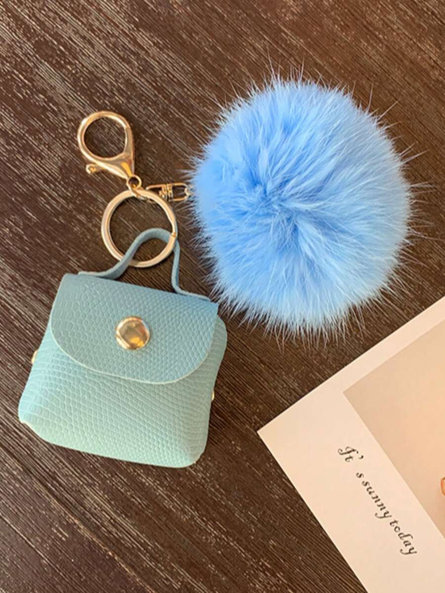 Móc khóa túi xách thời trang và đa năng, túi đựng tai nghe mini, mặt dây chuyền cho túi xách nữ, móc khóa túi xách mini hình quả bông xù - Màu xanh lam - Xem 1