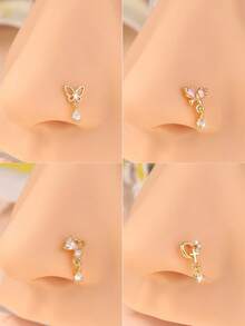 1 Pieza Pendiente de nariz con diseños colgantes de mariposa, corazón y cruz, Anillo de nariz en forma de L, Joyería de piercing de oro/plata para mujeres