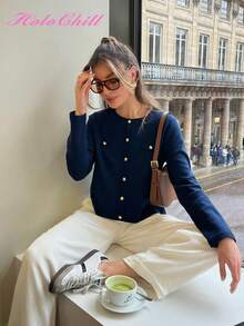 HoloChill Women's Casual Style Round Neck Contrast Button Cardigan, Summer Casual New Arrival - Navy Blue - View 1