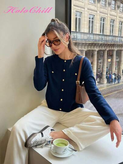 Cárdigan casual de cuello redondo con botones de contraste, estilo casual de mujer HoloChill, nueva llegada de verano