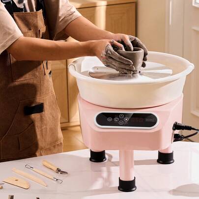 Rueda de cerámica de 11 pulgadas, rueda de cerámica de accionamiento directo con 3 patas de apoyo para manualidades, rueda eléctrica de 450 W para cerámica con pedal y pantalla táctil LCD, color rosa
