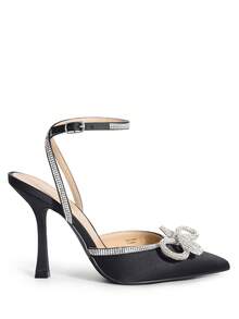 Women's Rhinestone Ankle Strap High Heels Destiny Closed Toe Strappy Heels Sexy  Pumps Wedding Bridal Party Prom Dress Shoes - 黑緞 - 查看 6