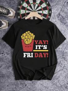Fry Day Funny Casual Style Graphic , Men's Double-Sided Printed Fashionable Casual Crew Neck 220gsm Pure Cotton T-Shirt(1 PC) - Black - View 2