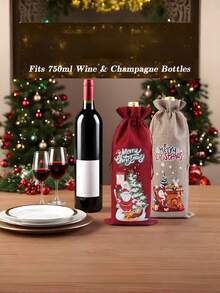 1/4pcs 2025 Christmas Bundle Pocket, Red Wine Champagne Packaging Bag, Christmas Party Drawstring Bag, Wine Gift Bag, Suitable For Family Gatherings, Christmas Decoration - Multicolor - View 2