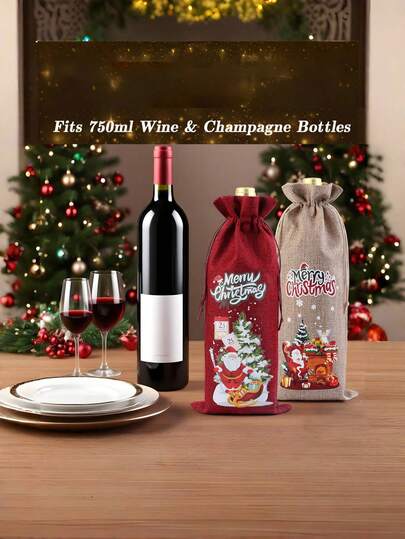 1/4pcs 2025 Christmas Bundle Pocket, Red Wine Champagne Packaging Bag, Christmas Party Drawstring Bag, Wine Gift Bag, Suitable For Family Gatherings, Christmas Decoration