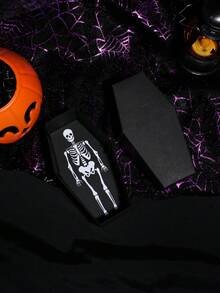 5pcs Halloween Skeleton Coffin Favor Box With Lid, Black Cardboard Gift Box For 5pcs Party Favors, Spooky Skeleton Print Packaging, Creepy Haunted House Supplies, Unique Gothic Party Decoration Box For Halloween Night, Small Present Holder With Fun Design, Scary Skeleton Style Decorative Box For Festival Events