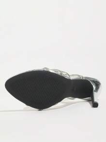 Sandalias de tacón alto de stiletto con punta redonda, estampado de hojas de bambú, hebilla con lazo de strass, elegantes, lujosas, de moda, adecuadas para banquetes, fiestas, glamorosas, tacones altos plateados