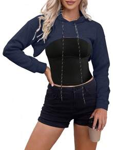 Women Crop Top Pullover Sweatshirt Long Sleeve Drawstring Hoodie - Navy Blue - View 4