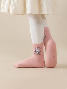 5 Pairs Girls' Crew Socks, Solid Colors Rabbit & Letter Prints, Soft & Warm, Thick Casual Mid-Calf Socks, Cute & Fashionable, Suitable For Autumn/Winter - Multicolor - View 3