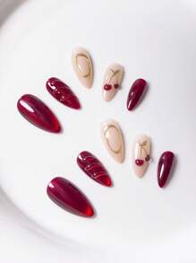 10pcs Handmade Almond White French Red Outline Red Starburst Metal Cherry Elegant Minimalist Sophisticated False Nails