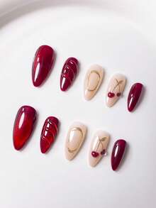 10pcs Handmade Almond White French Red Outline Red Starburst Metal Cherry Elegant Minimalist Sophisticated False Nails